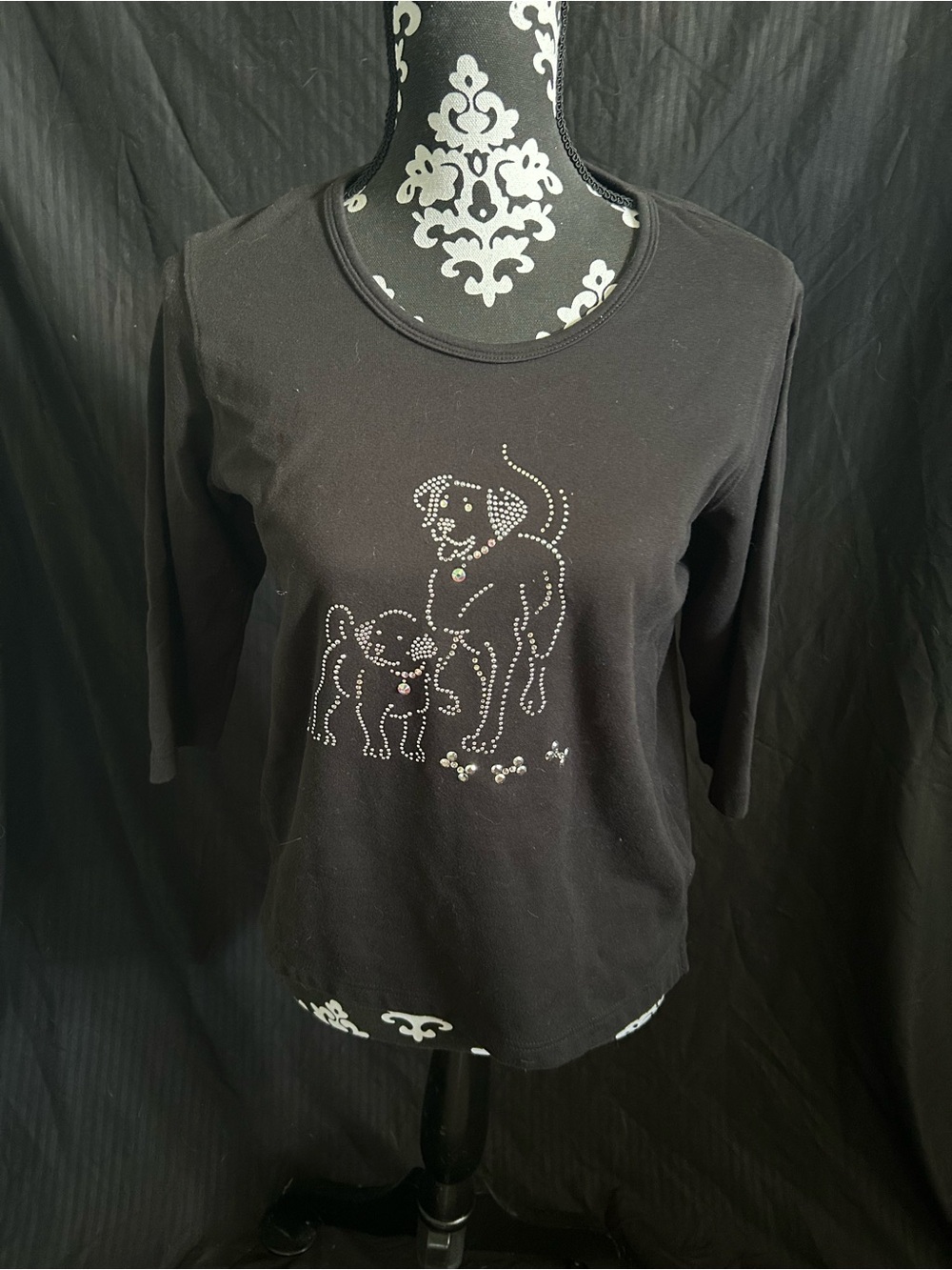 Christine Alexander Black Long-Sleeve Top with Rhinestone Puppy Graphic